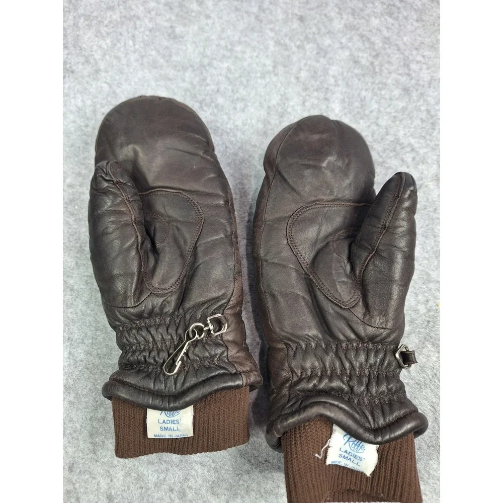 Vintage Roffe Brown Leather Ski Mittens Japan Quilted Padded Ladies Small
